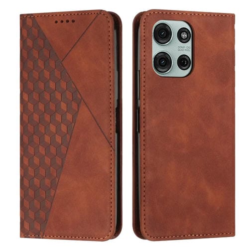 Funda de Cuero Magnética para Motorola Moto G75 con Diseño de Empalme de Diamantes (Marrón)