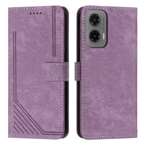 Funda de Cuero Motorola Moto G35 Diseño de Rayas Tacto Suave (Morado)