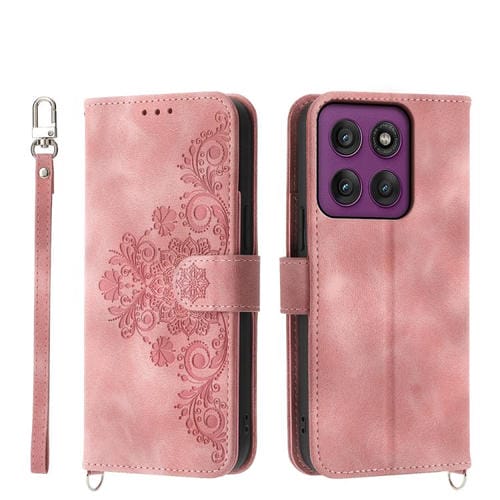 Funda de cuero con relieve de flores para Motorola Edge 60 Pro (rosa)