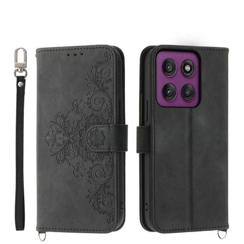 Funda de cuero con relieve de flores para Motorola Edge 60 Pro (negro)