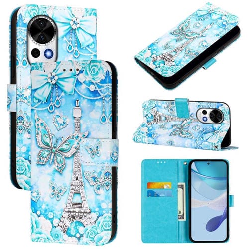 Funda de Cuero Huawei Nova 13/Nova 12 con Patrón de Dibujo Mariposa en Forma de Torre