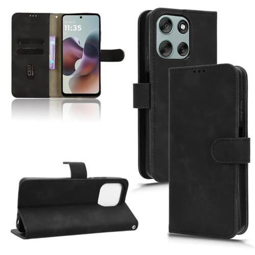Funda de cuero con tapa magnética y diseño de piel para Motorola Moto G56 5G (negro)