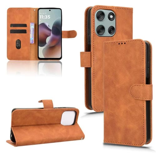 Funda de cuero con tapa magnética y diseño de piel para Motorola Moto G56 5G (marrón)