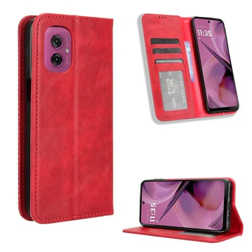 Funda de Cuero Motorola Moto G55 5G Textura Retro Hebilla Magnética (Roja)