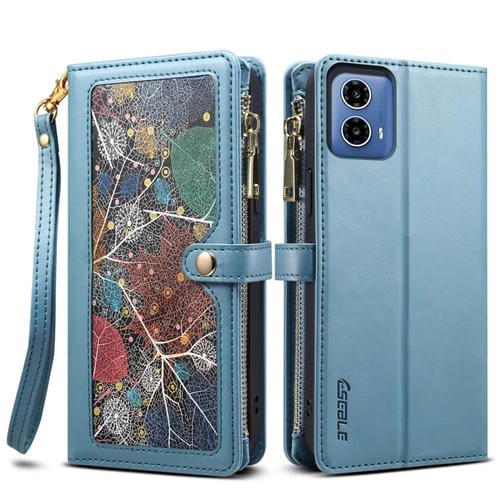 Estuche de Cuero Rfid con Cremallera y Cordón para Motorola Moto G35 Eseble Star Series (Azul)