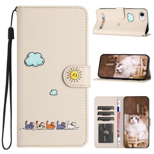 Funda de Piel para iPhone 16E con Dibujos de Gatos (Beige y Blanco)