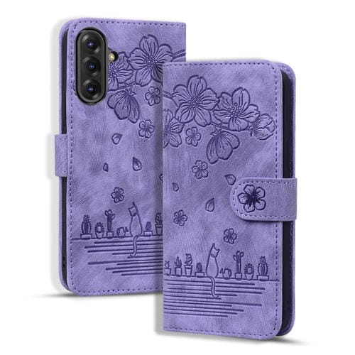Funda de Piel con Relieve de Gato Sakura para Samsung Galaxy A56/A36 (Morado)