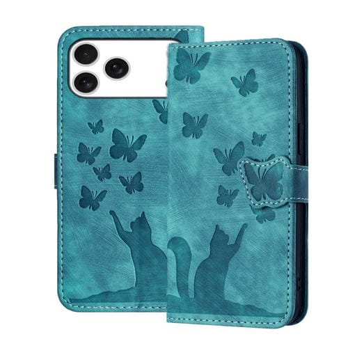 Funda de cuero con tapa y estampado de mariposa y gato para iPhone 17 Pro (Wathet)
