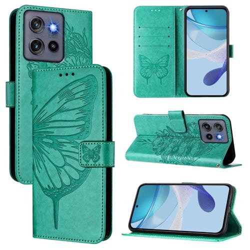 Funda de Cuero Motorola Moto G Stylus 5G (2025) con Diseño de Mariposa en Relieve (Verde)