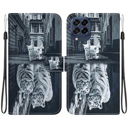 Funda para Teléfono Samsung Galaxy M33 5G Cuero Dibujo Coloreado Textura Cristal (Reflejo de Tigre Gato)