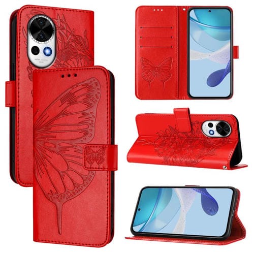 Funda de Cuero Huawei Nova 13/Nova 12 con Diseño Mariposa en Relieve (Roja)