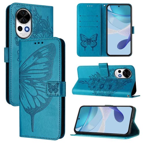 Funda de Cuero Huawei Nova 13/Nova 12 con Diseño de Mariposa en Relieve (Azul)