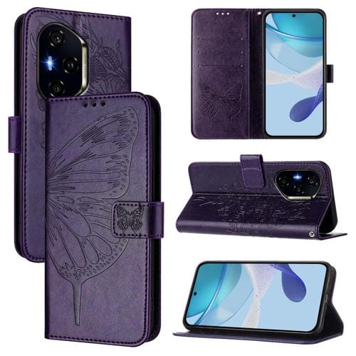 Funda de Cuero para Honor 300 Pro/300 Ultra con Diseño de Mariposa en Relieve (Morado Oscuro)