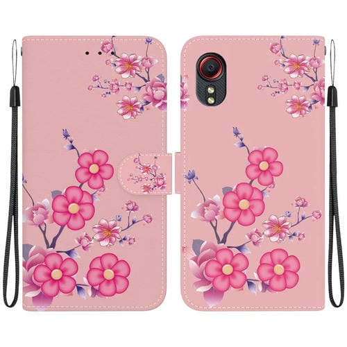 Funda de Cuero Samsung Galaxy Xcover 5 con Dibujo Coloreado y Textura de Cristal (Flores de Cerezo)