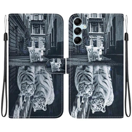 Funda de Cuero Samsung Galaxy A15 Dibujo Coloreado Textura de Cristal (Reflejo de Tigre Gato)