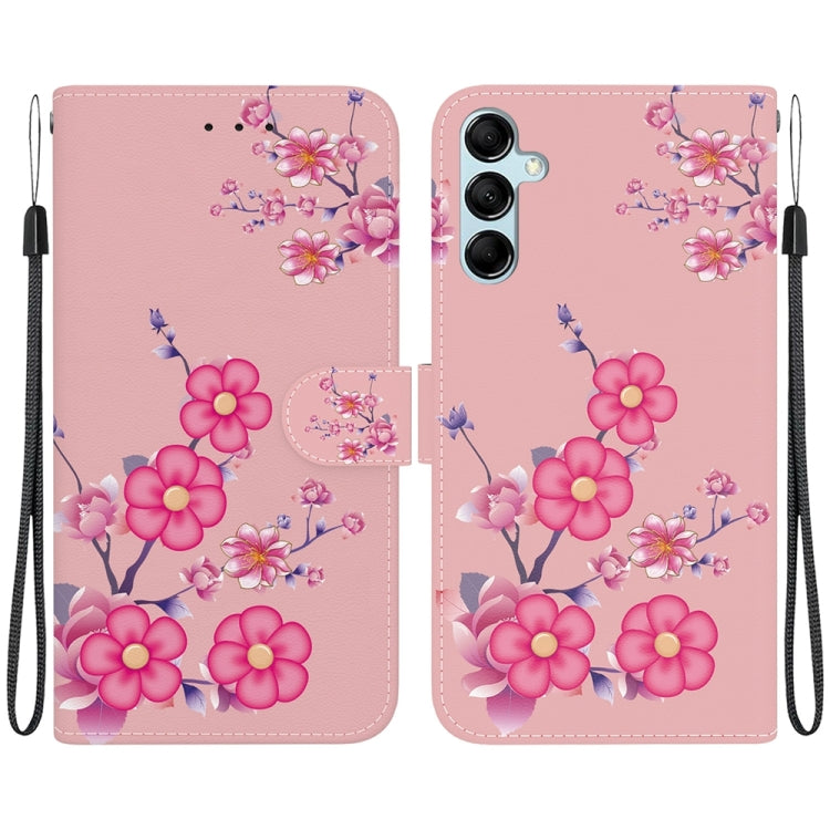 Estuche de Cuero para Samsung Galaxy A15 con Dibujo Coloreado y Textura de Cristal (Flores de Cerezo)