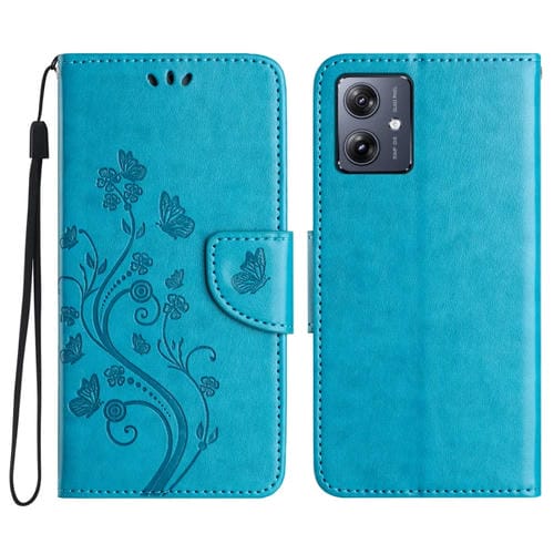 Funda de Cuero con Tapa para Motorola Moto G55 Diseño Flores y Mariposas (Azul)