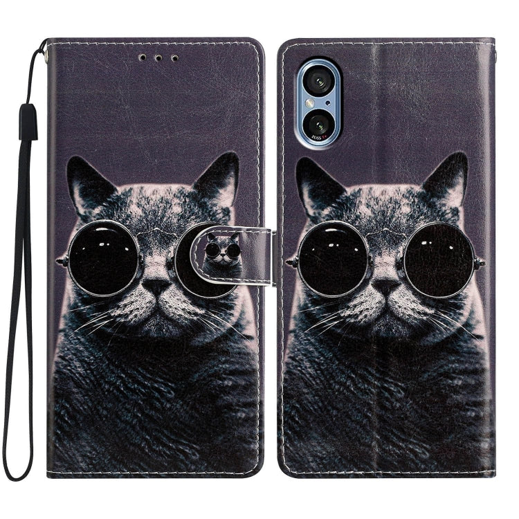 Funda de Cuero para Sony Xperia 5 V con Dibujo Coloreado Gato de Gafas de Sol