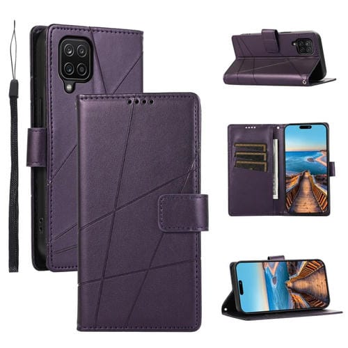 Funda para TelĂ©fono Samsung Galaxy A12 con LĂnea en Relieve y Textura de Cuero Genuino (PĂșrpura)
