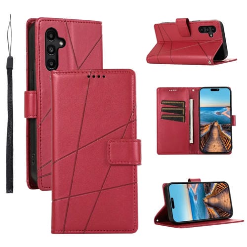 Funda para Teléfono Samsung Galaxy A14 con Línea en Relieve Textura Cuero Genuino (Rojo)