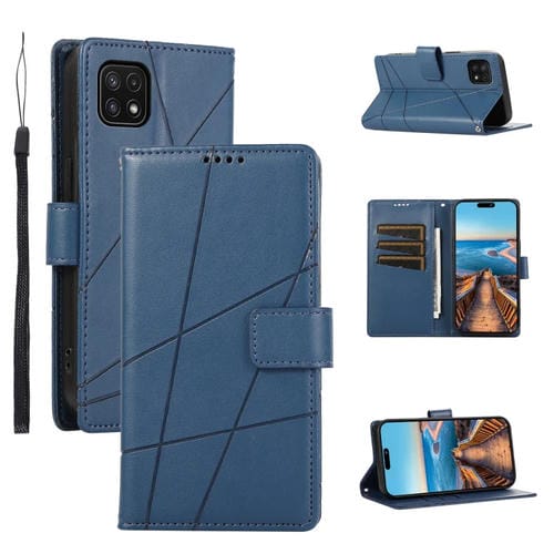 Funda para Teléfono Samsung Galaxy A22 5G PU Cuero Genuino Línea en Relieve (Azul)