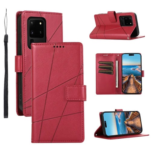 Funda para Teléfono Samsung Galaxy S20 Ultra Textura Cuero Genuino Línea En Relieve (Rojo)