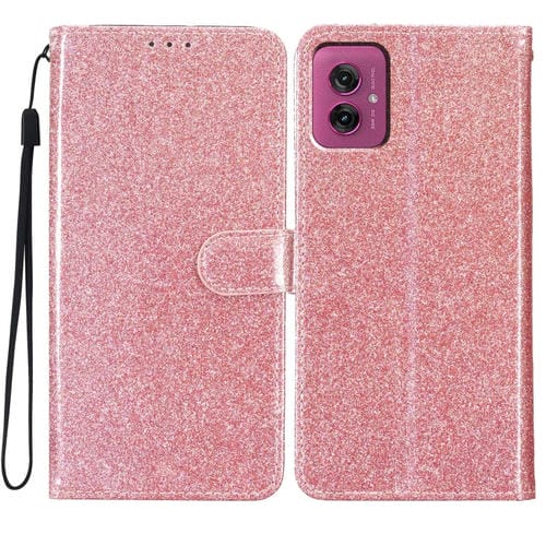 Funda de Cuero con Tapa y Purpurina para Motorola Moto G55 (Oro Rosa)