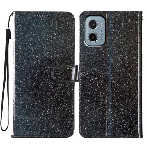 Funda de Cuero con Tapa y Purpurina para Motorola Moto E15 (Negra)