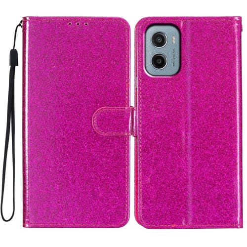 Funda de Cuero con Tapa y Purpurina para Motorola Moto E15 (Rosa y Rojo)