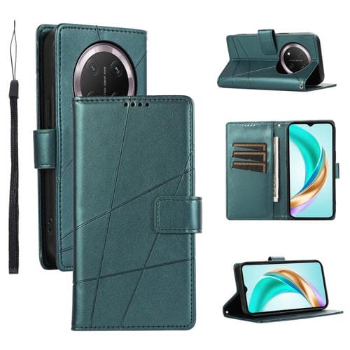 Funda para Teléfono Honor X9C Global Magic7 Lite Textura Cuero Genuino PU Líneas en Relieve (Verde)