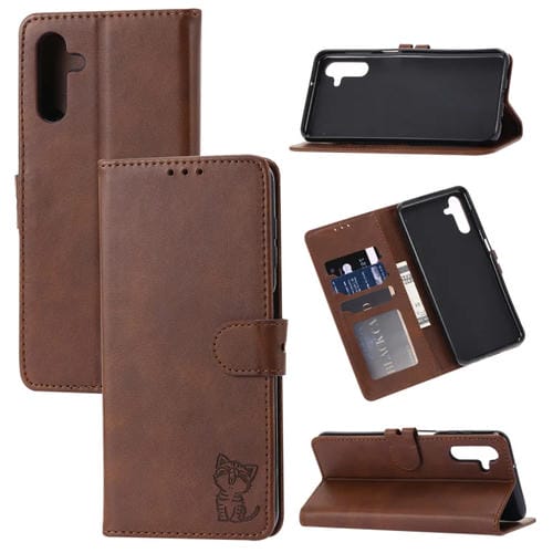 Funda para Teléfono Samsung Galaxy A15 Cuero con Tapa Patrón Gato Feliz (Marrón)