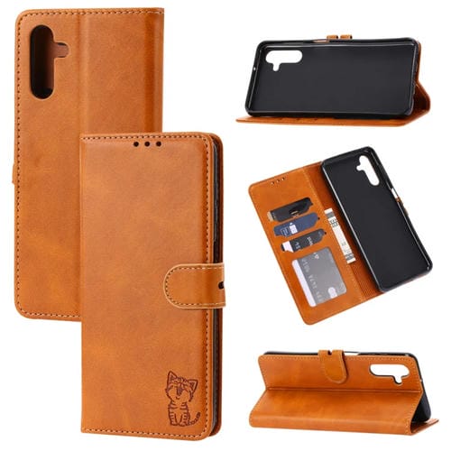 Funda para Teléfono Samsung Galaxy A15 Cuero con Tapa Patrón Gato Feliz (Amarillo)