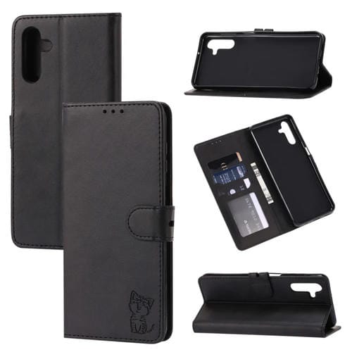 Funda para Teléfono Samsung Galaxy A35 5G Cuero con Tapa y Patrón de Gato Feliz en Relieve (Negro)