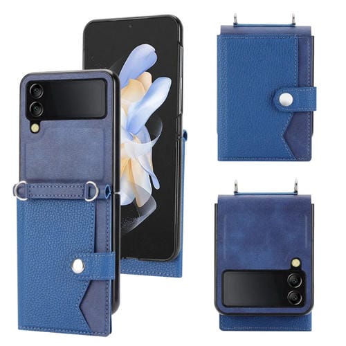 Funda para Samsung Galaxy Z Flip4 5G con Tarjetero de Un Solo Botón y Cordón Largo (Azul)