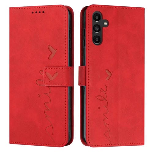 Funda para Teléfono Samsung Galaxy A55 Skin Feel Heart Cuero en Relieve con Cordón Largo (Rojo)