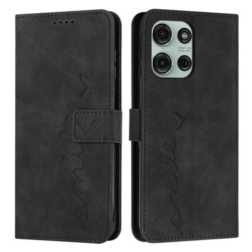 Funda de Piel con Relieve de Corazón para Motorola Moto G75 con Cordón Largo (Negro)