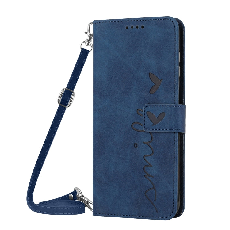 Funda de Piel con Relieve de Corazón y Cordón Largo para Sony Xperia 5 Vi (Azul)