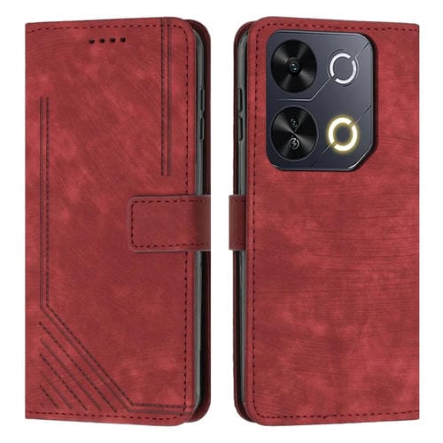 Funda de Cuero Itel P65 con Diseño de Rayas y Cordón (Rojo)