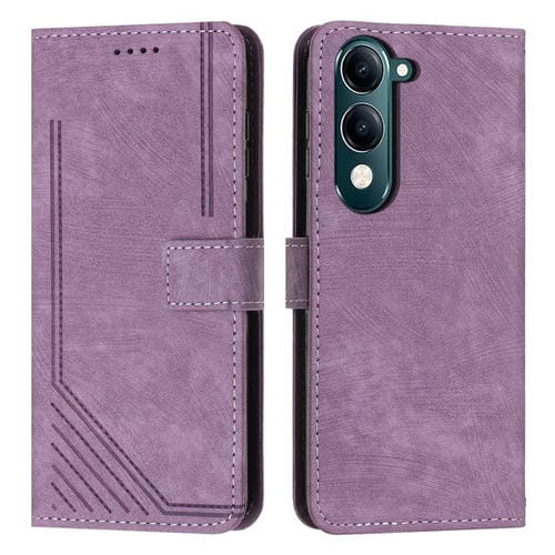 Funda de Cuero con Estampado de Rayas y Cordón para Vivo Y29S 5G / Y04 4G (Morado)