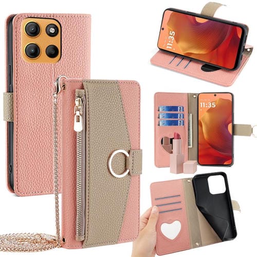 Funda de Cuero con Textura de Lichi para Motorola Moto G15 y G15 Power (Rosa)