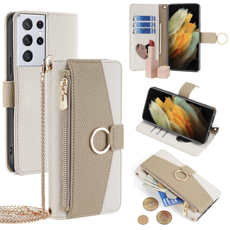 Estuche Cruzado de Cuero para Samsung Galaxy S21 Ultra 5G con Textura Litchi (Blanco)