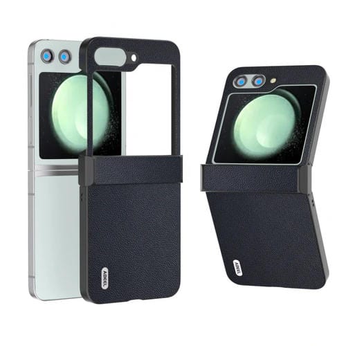Funda para Samsung Galaxy Z Flip5 Abeel Cuero Genuino Tres Etapas Borde Negro (Azul)