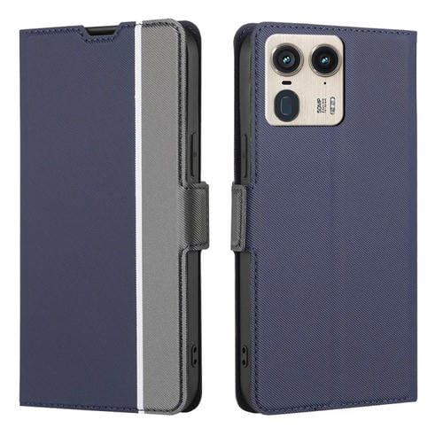 Funda de Cuero con Textura de Sarga y Botones Laterales para Motorola Edge 50 Ultra (Azul)