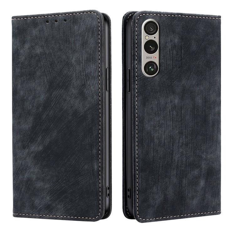 Funda de Cuero Magnética con Cepillo Antirrobo RFID para Sony Xperia 1 VI (Negra)