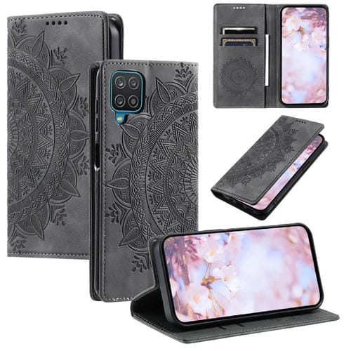 Estuche para Teléfono Samsung Galaxy A12 5G M12 F12 Cuero Magnético Relieve de Tótem (Gris)