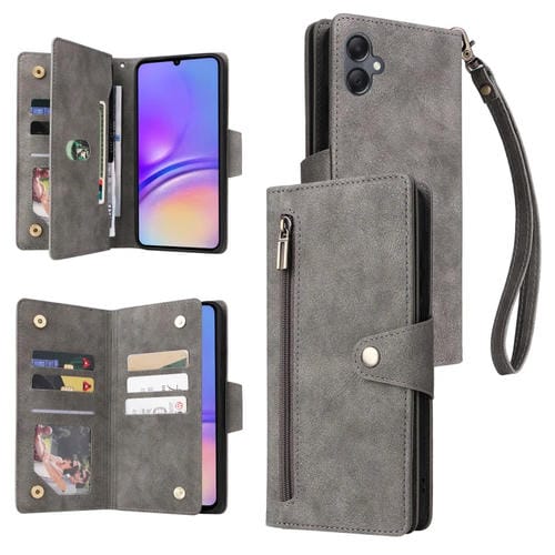 Funda de Cuero para Samsung Galaxy A05 Rivet Buckle con Tres Pliegues y 9 Tarjetas (Gris)