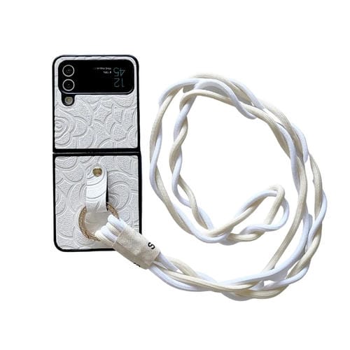 Funda Protectora Samsung Galaxy Z Flip3 5G Patrón Camelia con Cordón Largo y Anillo de Diamante (Blanco)
