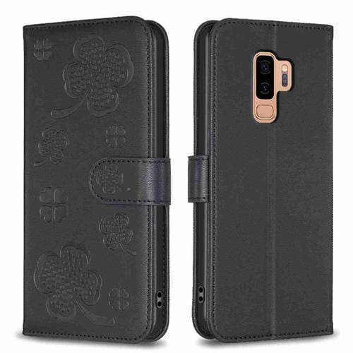 Funda de Cuero para Samsung Galaxy S9 con Relieve de Cuatro Hojas (Negro)