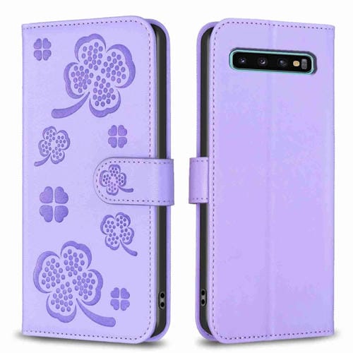 Funda de Cuero para Samsung Galaxy S10 con Relieve de Cuatro Hojas (Púrpura)