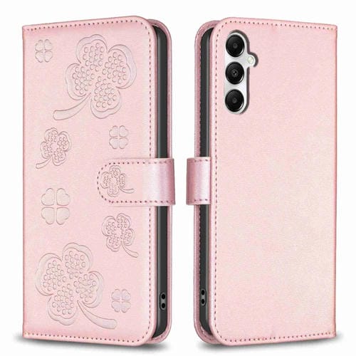 Funda de Cuero Samsung Galaxy A05S con Relieve de Cuatro Hojas (Rosa)